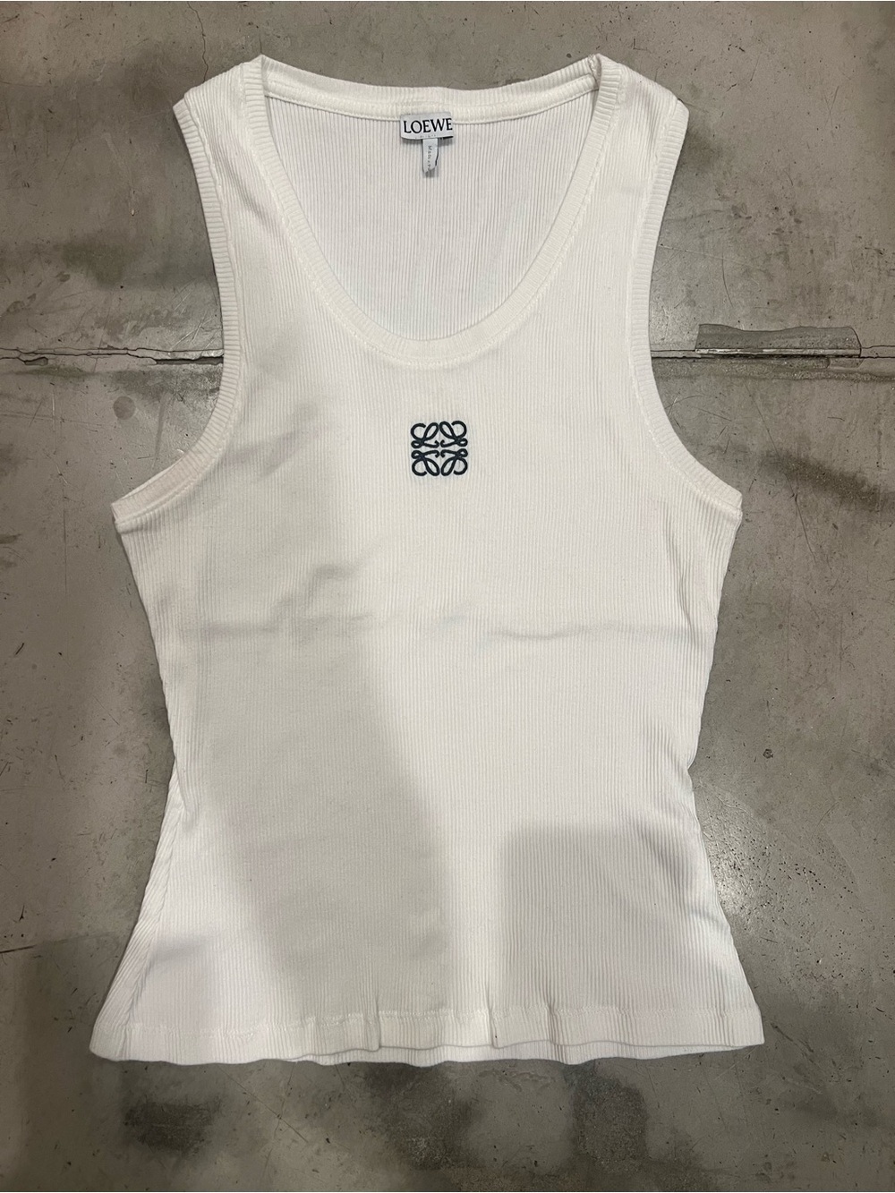 Loewe White Ribbed Tank with Navy Anagram Embroidery